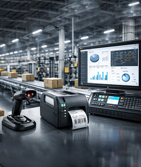 Scanner, label printer, and industrial system setup